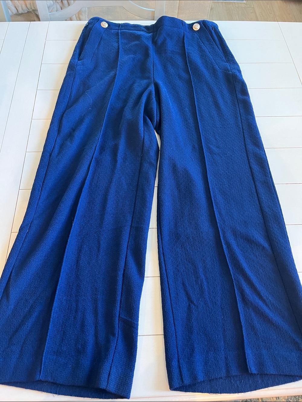 Wide-Leg Royal Blue Trousers with Button Detail